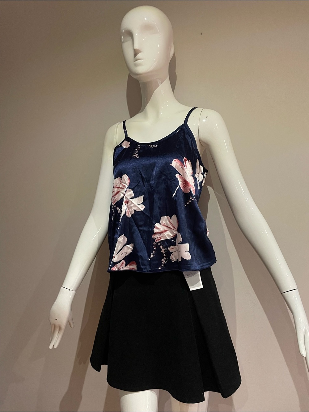 Navy Floral Satin Cami Top - Sleeveless Spaghetti Strap